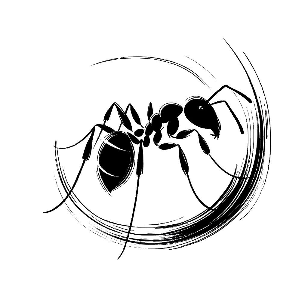 Drawing of an ants working in black and white depicting the theme of actions.