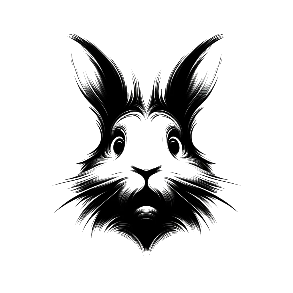 Drawing of a rabbit looking head on and frightened in black and white depicting the theme of afraid.