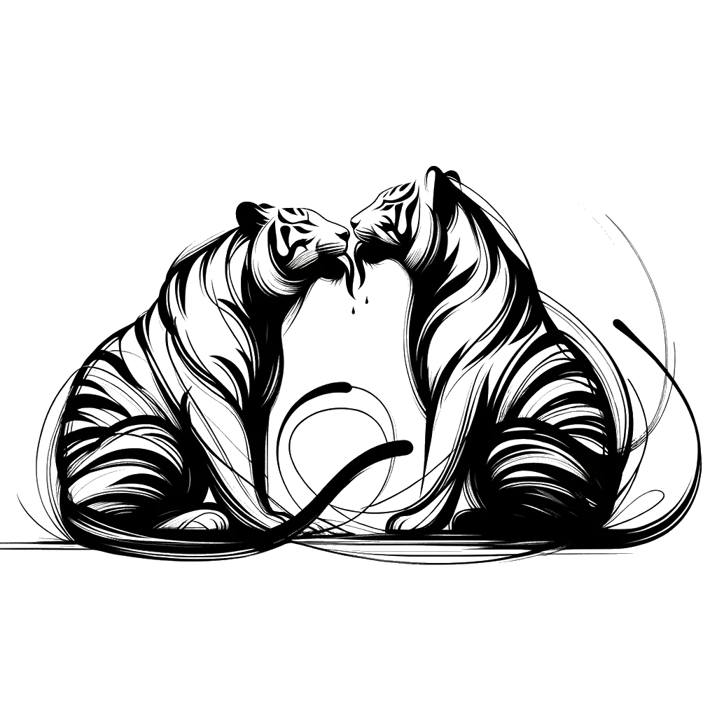 Drawing of a tiger licking another tiger in black and white depicting the theme of anger and forgiveness.
