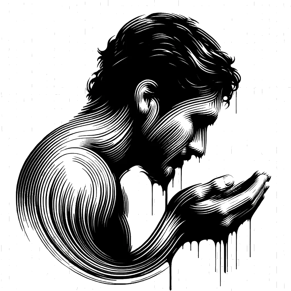 Drawing of a man washing his face  in black and white depicting the theme of atonement.