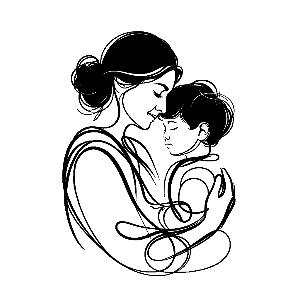 Drawing of a young mother giving her toddler son a hug in black and white depicting the theme of autism.