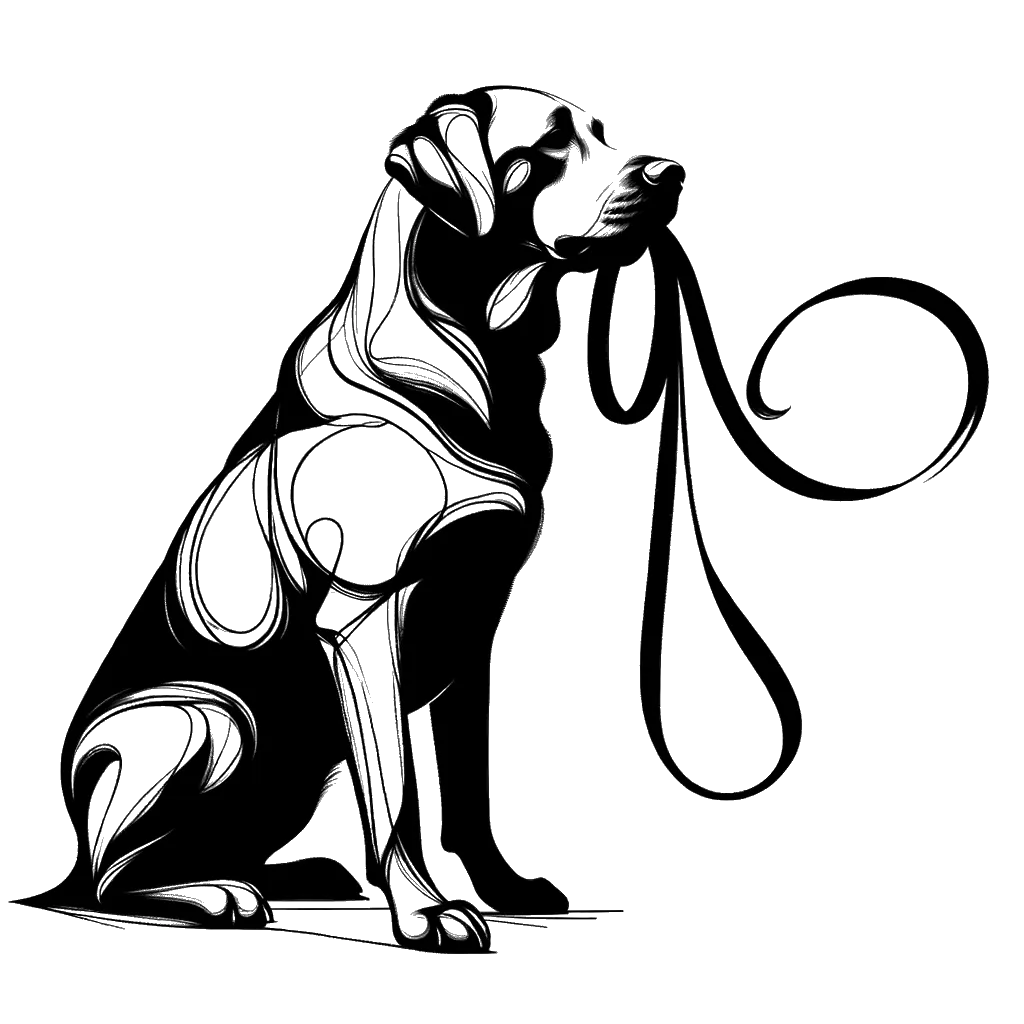 Drawing of a labrador dog holding his lead in hist mouth as if asking to go for a walk in black and white depicting the theme of availability.