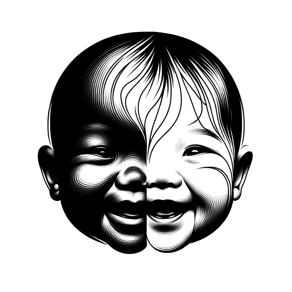 Drawing of a two baby faces artistically combined in black and white depicting the theme of babies.