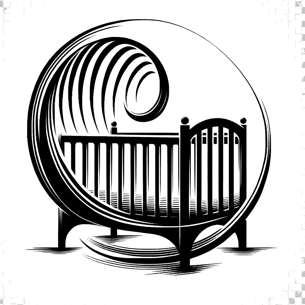 Drawing of a babies crib in black and white depicting the theme of baby.