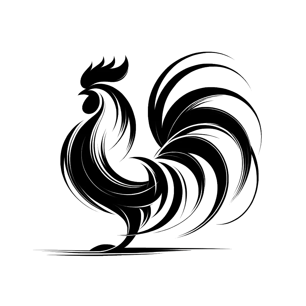 Drawing of a flustered rooster in black and white depicting the theme of boastfulness.