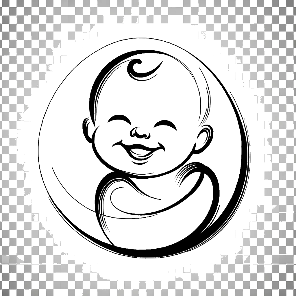 Drawing of a smiley baby in black and white depicting the theme of breastfeeding.