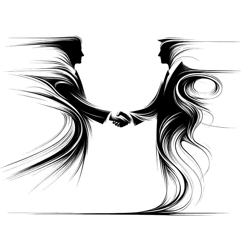 Drawing of a two men shaking hands in black and white depicting the theme of business.