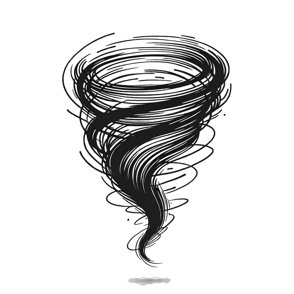 A drawing of a tornado depicting the theme of chaos in black and white