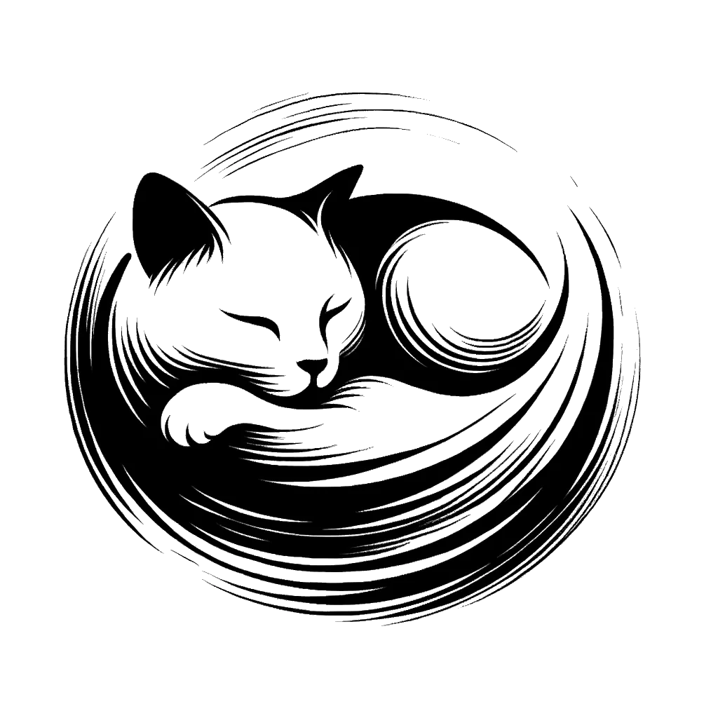 A drawing of a sleeping cat looking very comfortable depicting the theme of comfort in black and white