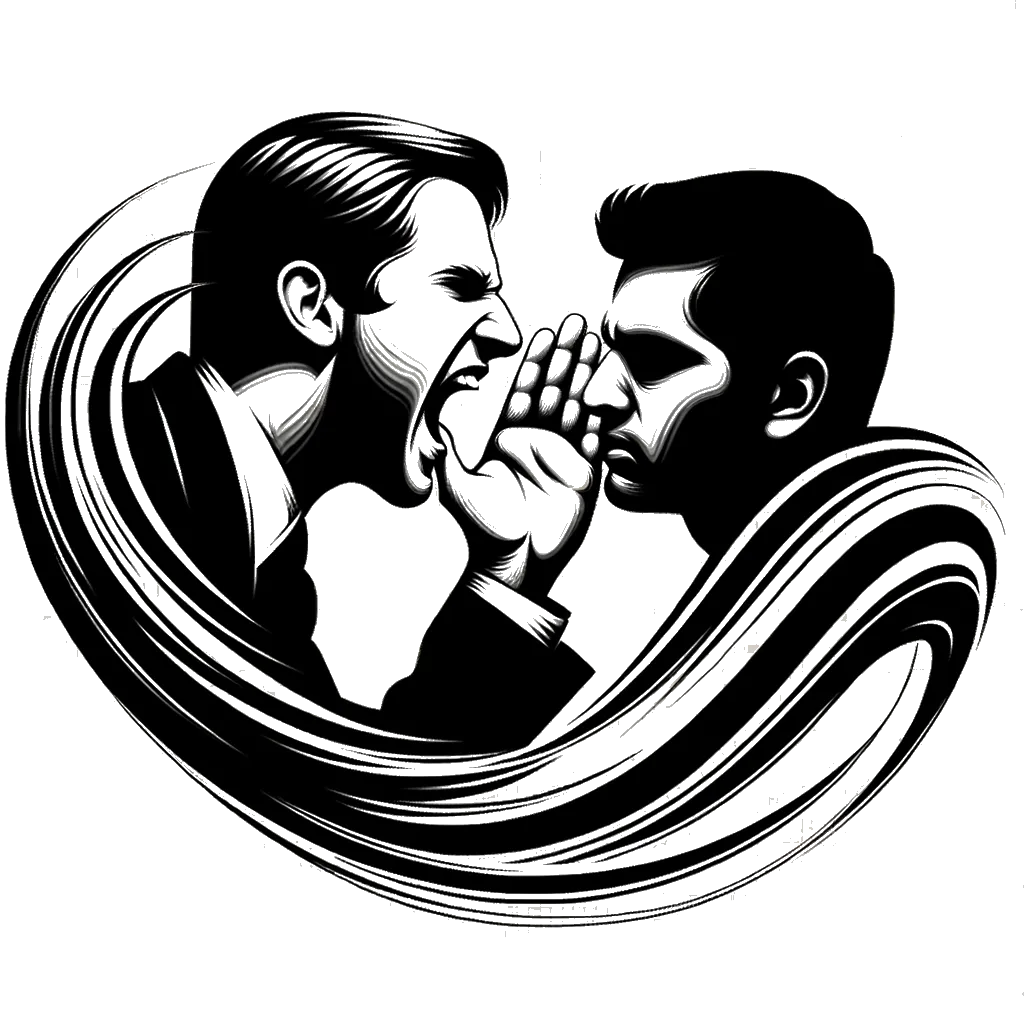 A drawing of a man shouting in another mans ear depicting the theme of complaining in black and white