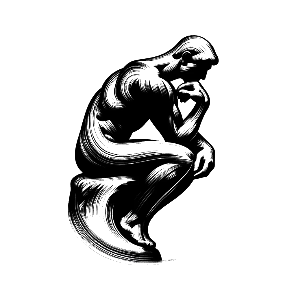 A drawing of a statue of the thinker side view depicting the theme of concentration in black and white