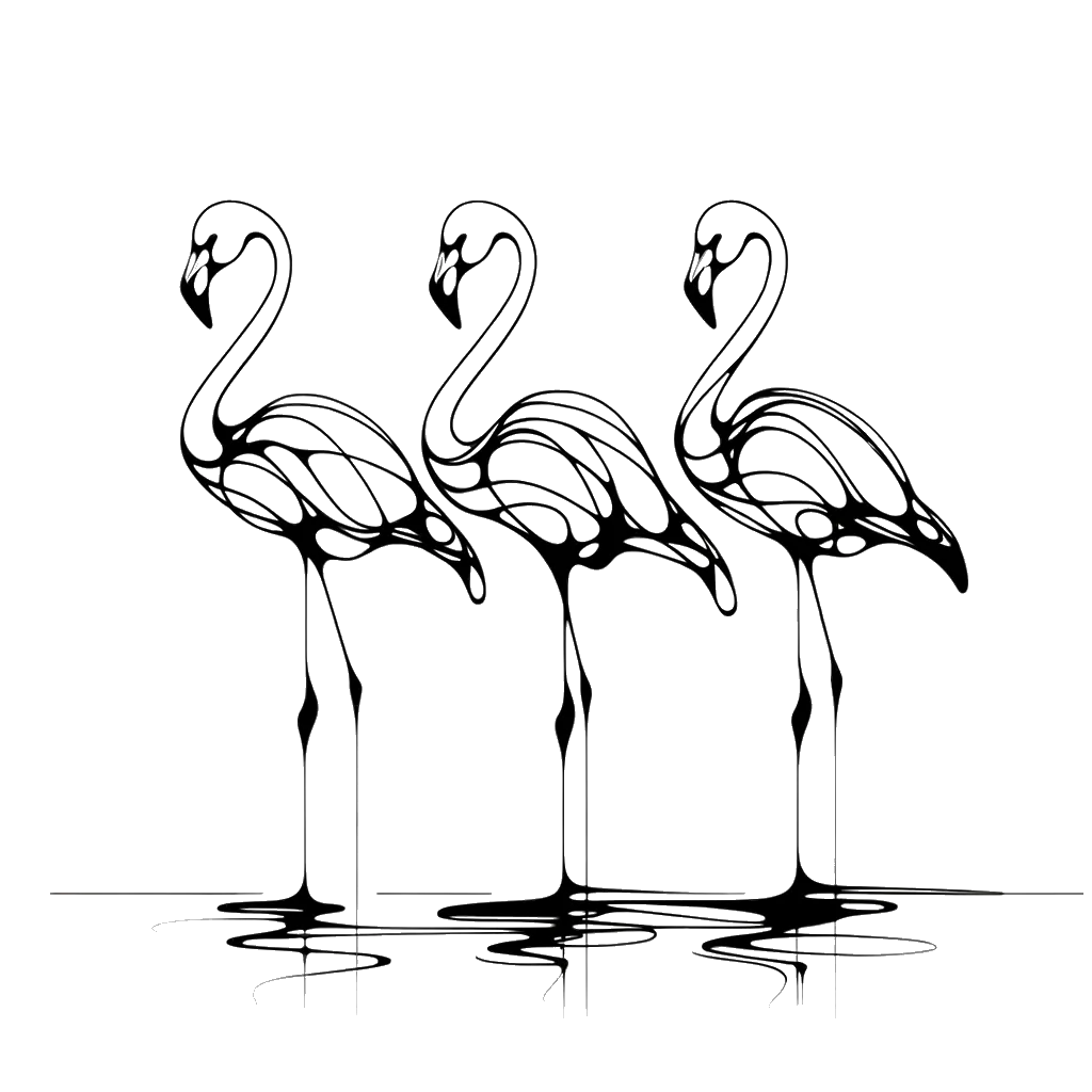 A drawing of three identical flamingoes in a row depicting the theme of conformity in black and white