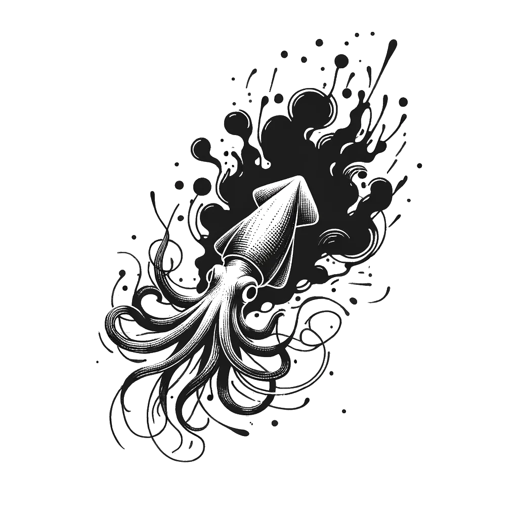 A drawing of a  squid squirting ink depicting the theme of confusion in black and white