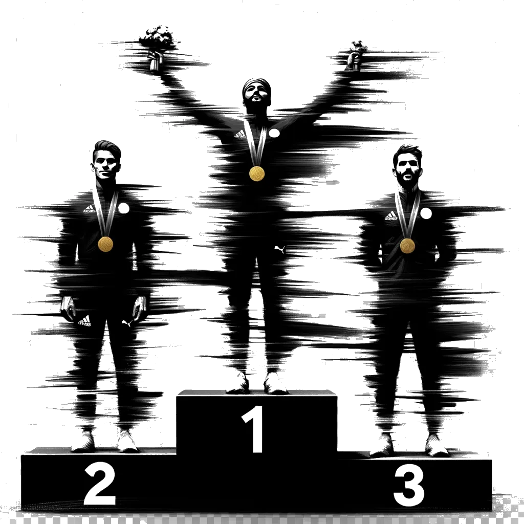 A drawing of three male athletes on winners podium with gold medalist having his arms in the air depicting the theme of consistency in black and white