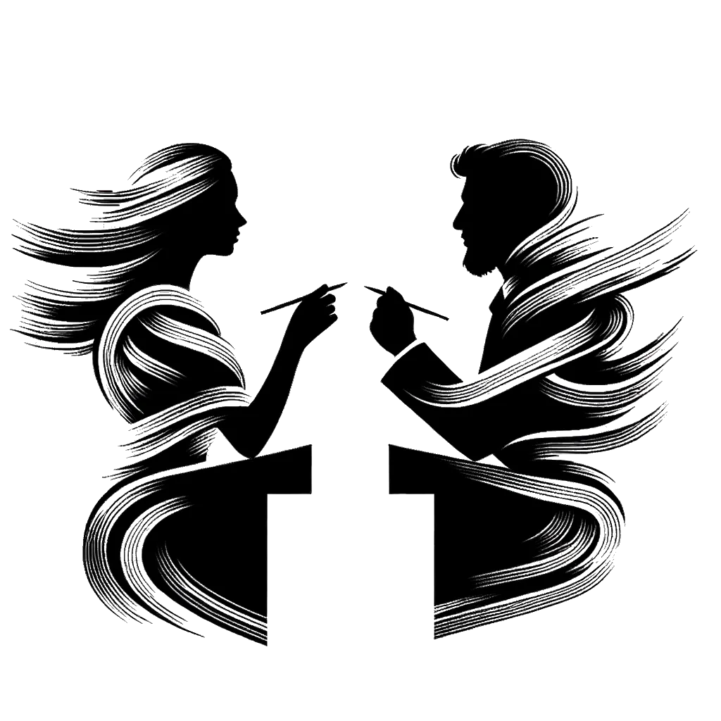 A drawing of two people debating at despatch boxes in black and white depicting the theme of debating
