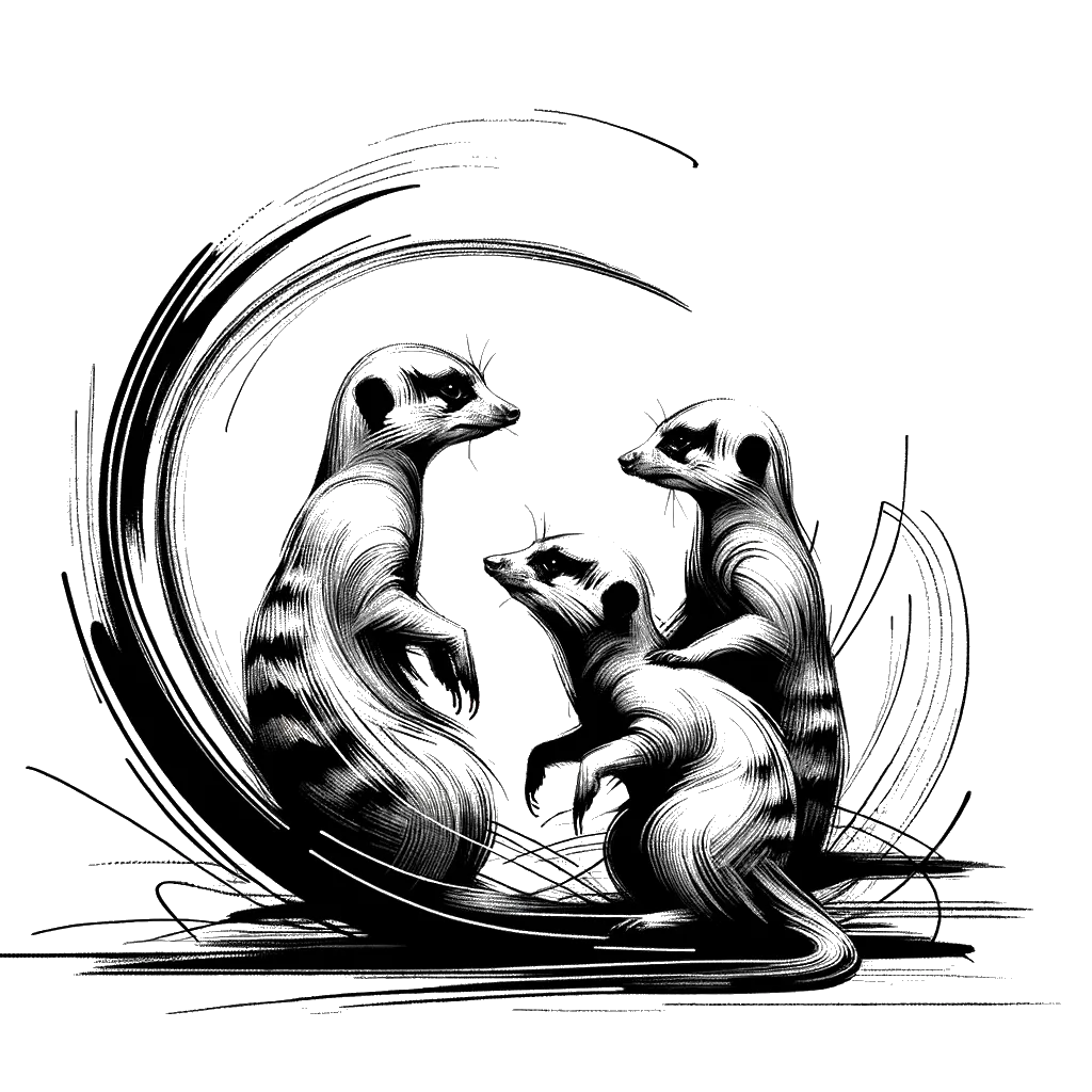 A drawing of meerkats squabbling in black and white depicting the theme of discontent