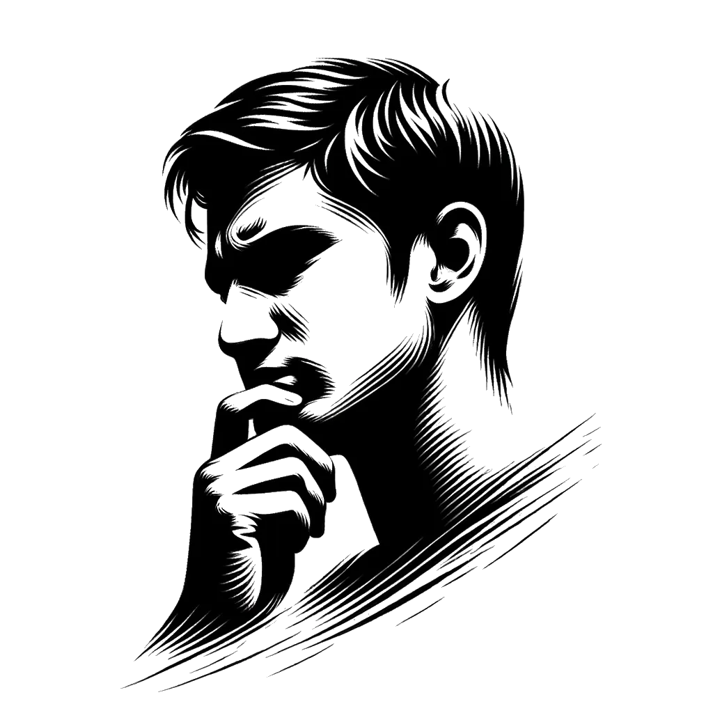 A drawing of a mans scratching is chin as if in doubt in black and white depicting the theme of doubt