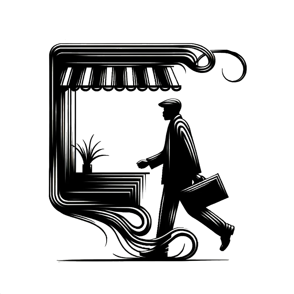 a  man walking in to a shop depicting the theme of employment in black and white.