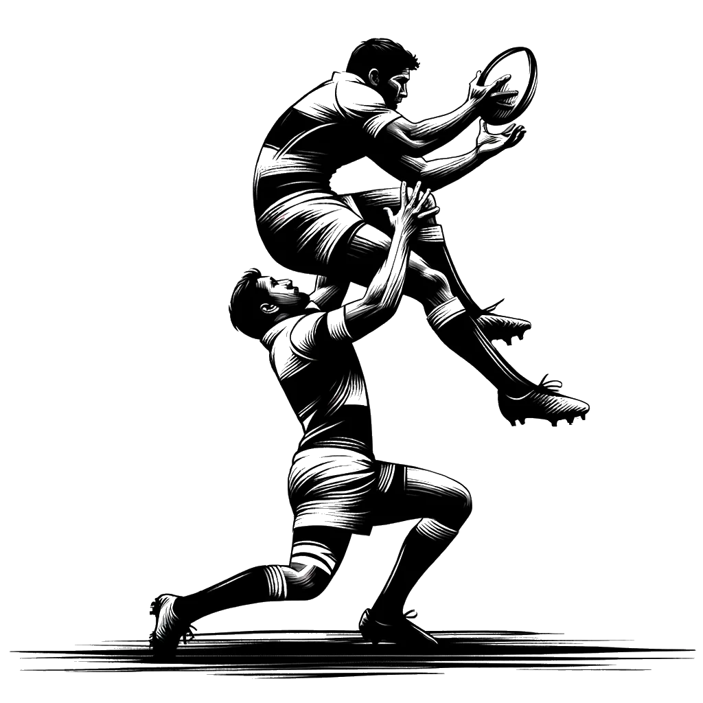 a rugby player holding up another player in a lineout depicting the theme of empowerment in black and white.