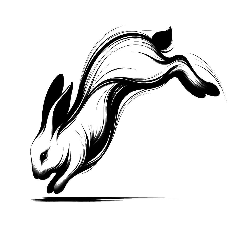 a rabbit diving down in to its burrow depicting the theme of escape in black and white.