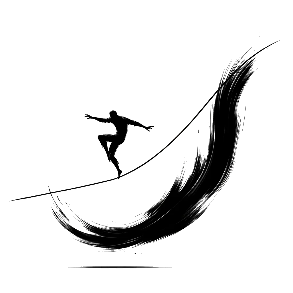 a man falling of a tightrope depicting the theme of faithlessness in black and white.