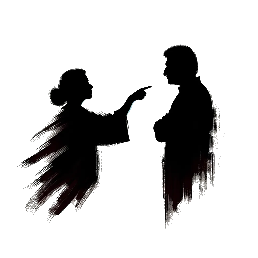 a full figure of a woman pointing her finger at a man depicting the theme of false accusations in black and white.
