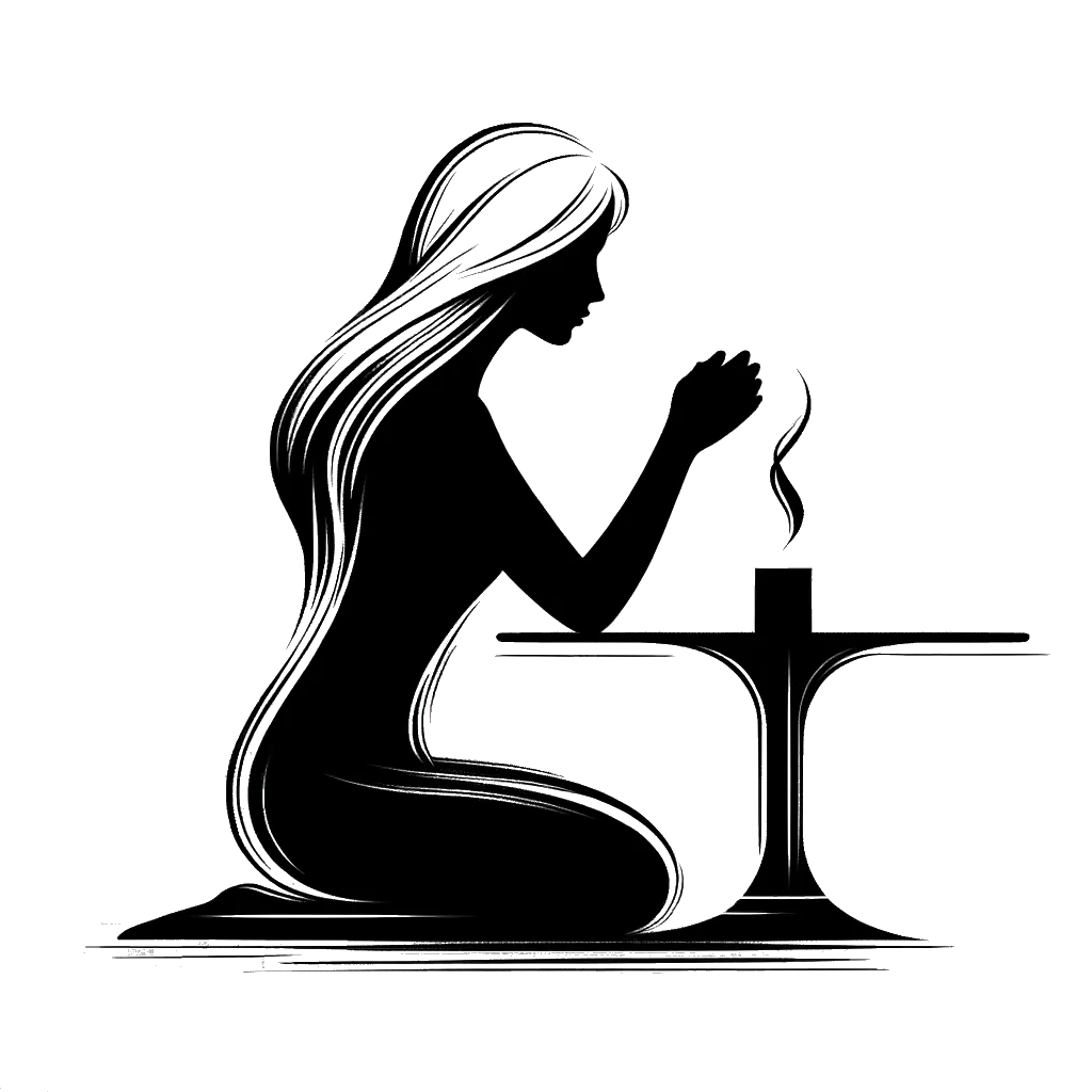 a blonde american woman praying for foregivenss at an alter depicting the theme of forgiveness in black and white.