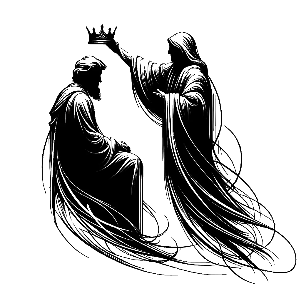 a king being crowned by a bishop depicting the theme of glory in black and white.