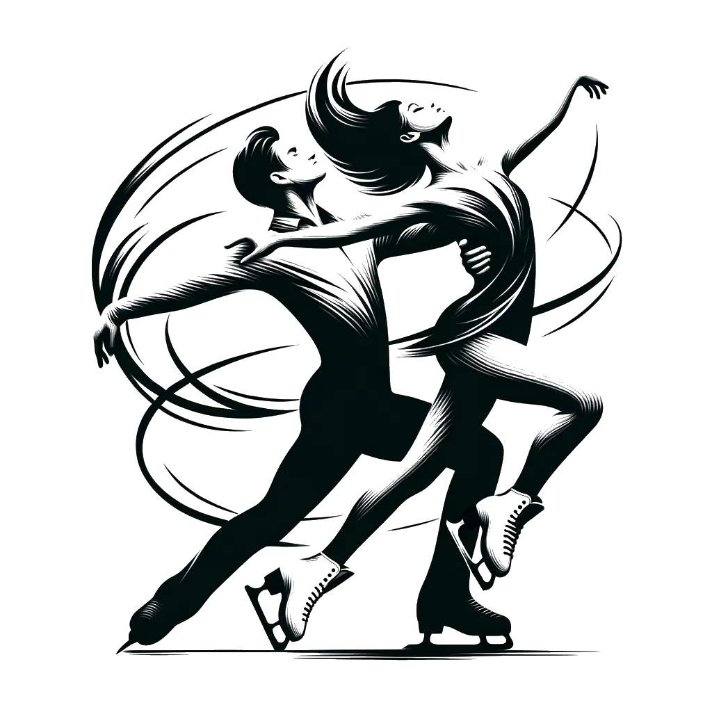 a professional iceskating couple skating on ice depicting the theme of harmony in black and white.