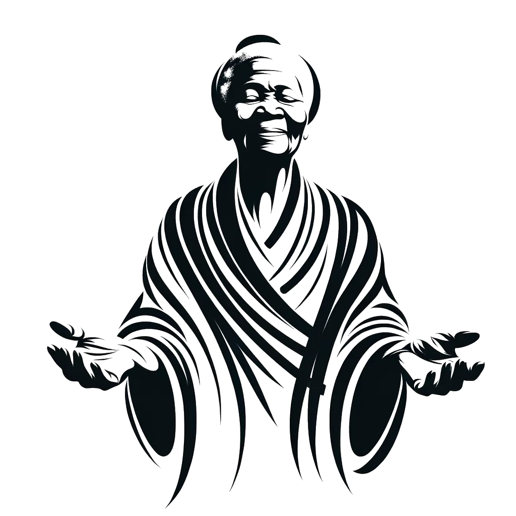 an old  woman with open arms of welcome depicting the theme of hospitality in black and white.