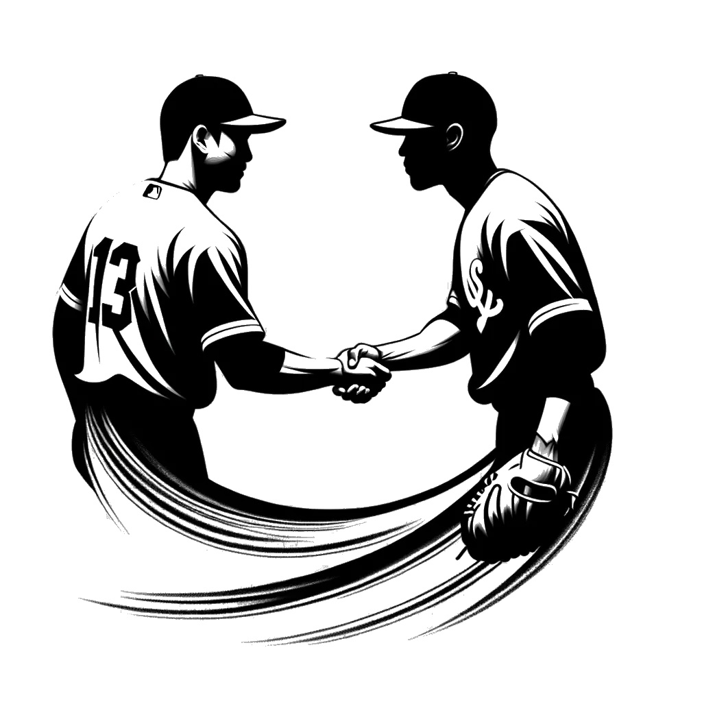 two baseball players shaking hands depicting the theme of humility in black and white.