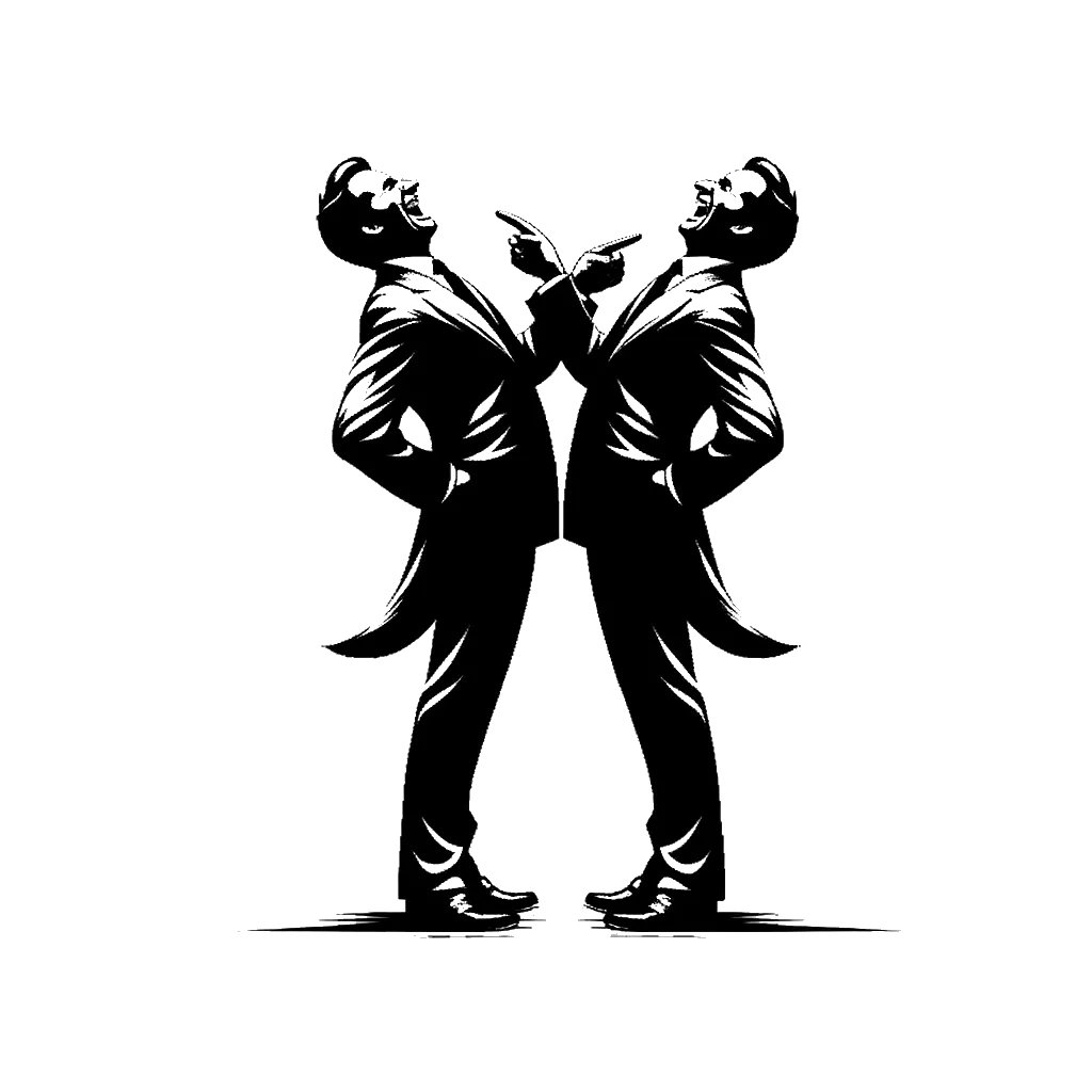 two men in suits facing eachother both laughing and pointing depicting the theme of hypocrisy in black and white.