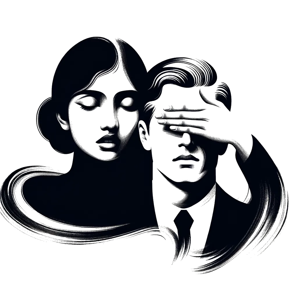 a  man and a woman looking directly ahead both looking shocked with their hands covering their eyes in black and white.