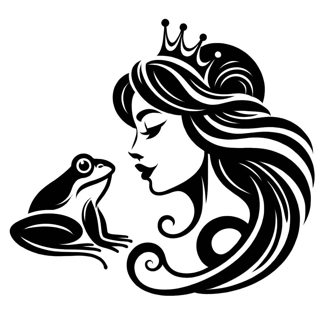 a realistic princess kissing a frog depicting the theme of imperfection in black and white.