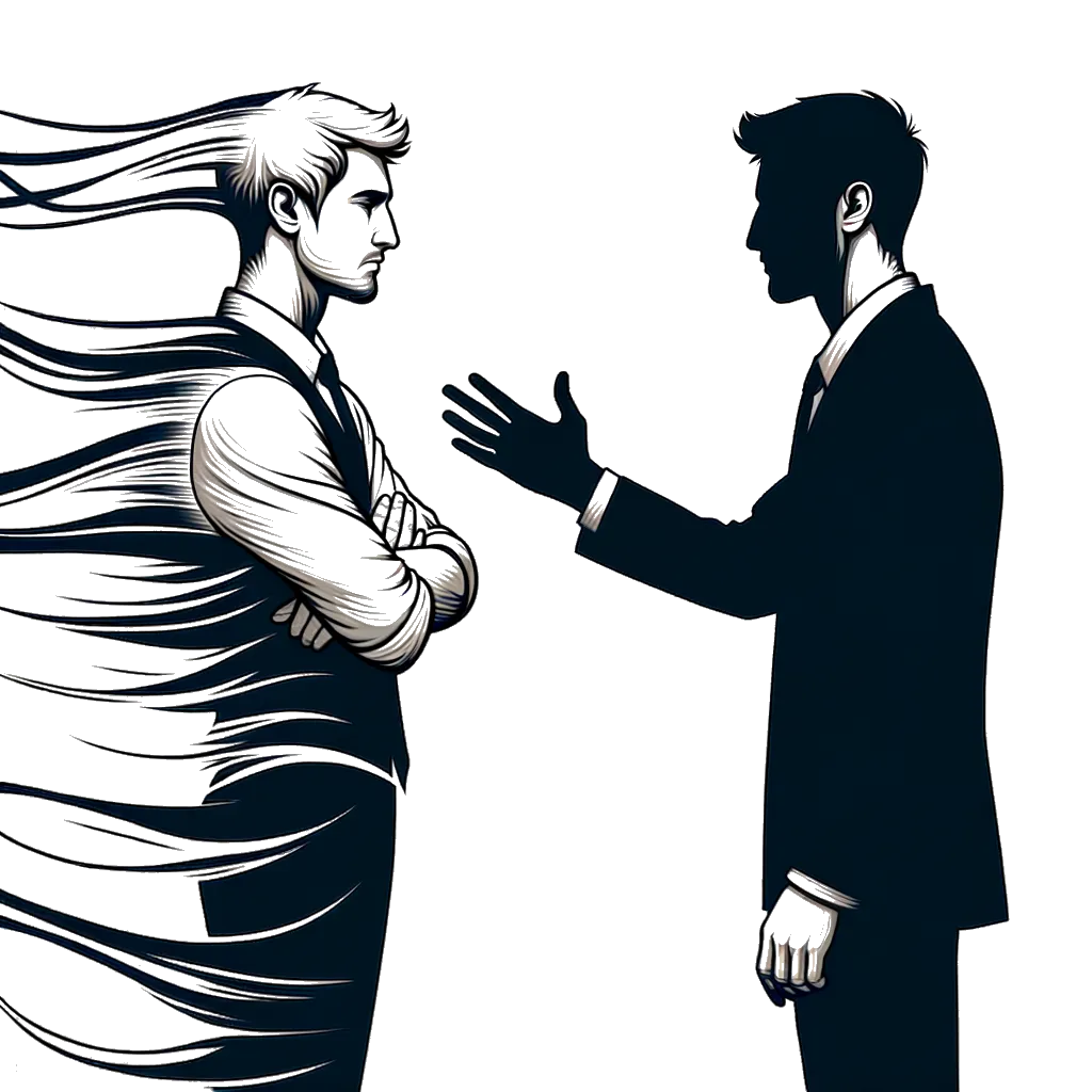 a man with his  arms crossed and his back to another man holding out his hand depicting the theme of Ingratitude in black and white.