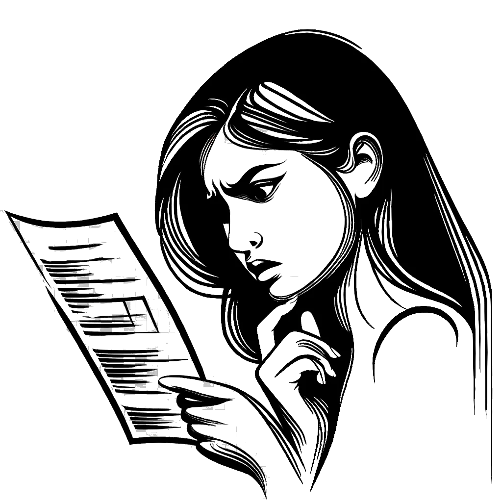 a woman looking confused looking at a set of instructions depicting the theme of Instruction in black and white.