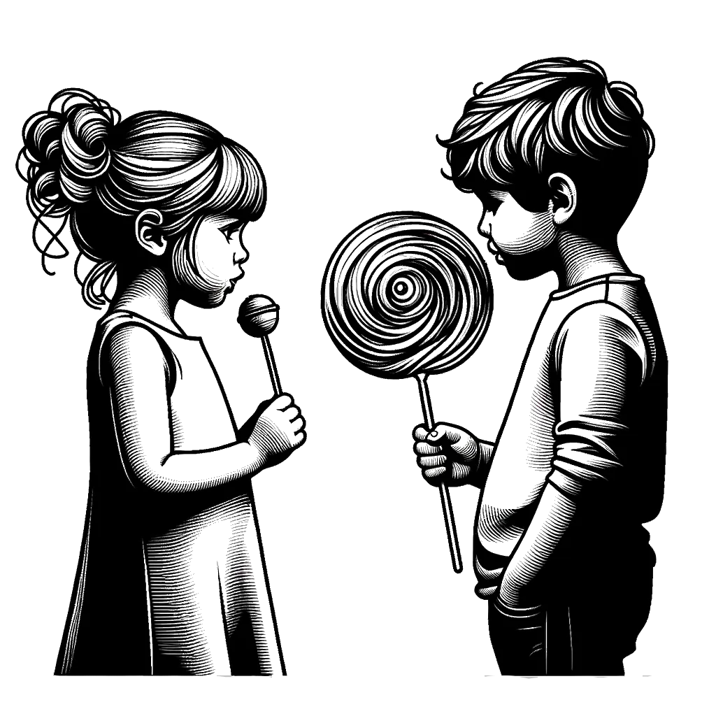 a child with a small lollypop looking a a child with a giant lollypop depicting the theme of jealousy in black and white.