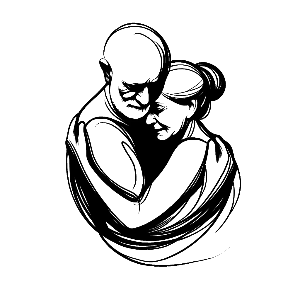 an old man and woman hugging depicting the theme of love in black and white.