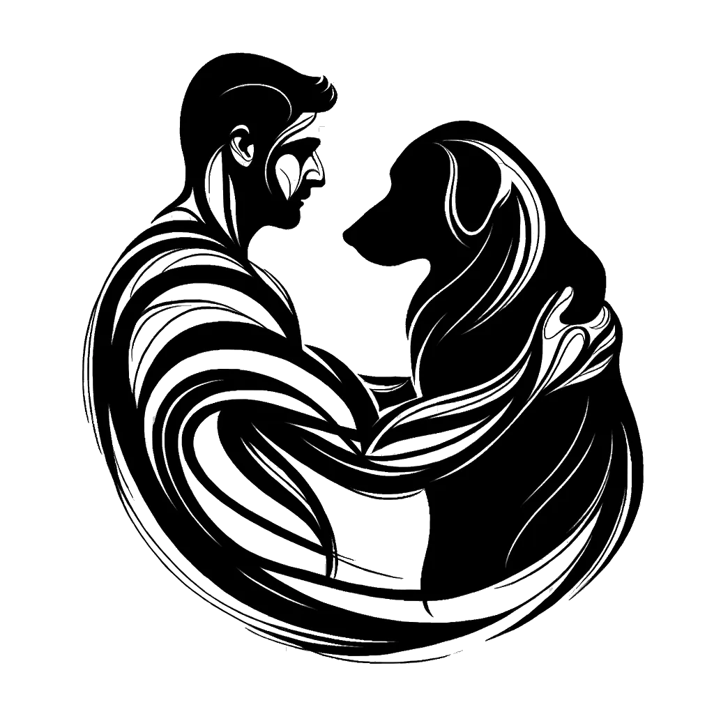 a man with his dog depicting the theme of loyalty in black and white.