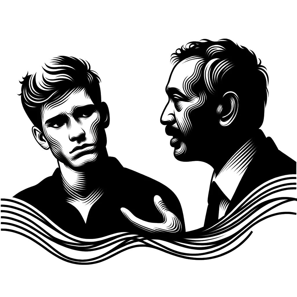 a man looking sad whilst another man speaks to him depicting the theme of mistreating others in black and white.