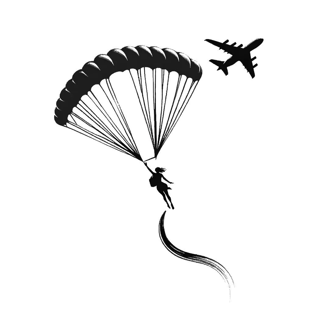 a woman jumping out of a plane with a parachute depicting the theme of motivation in black and white.