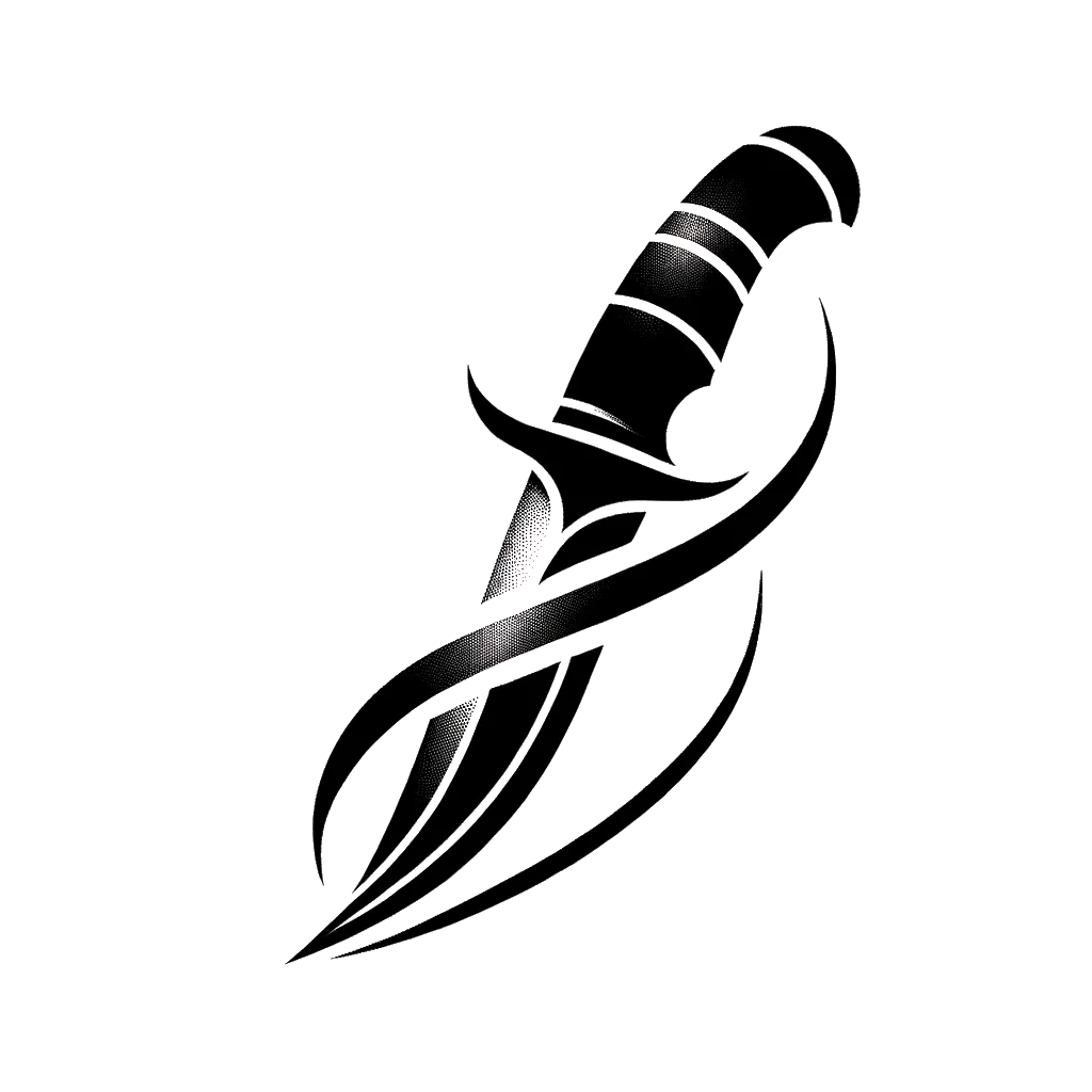 a dagger depicting the theme of murder in black and white.
