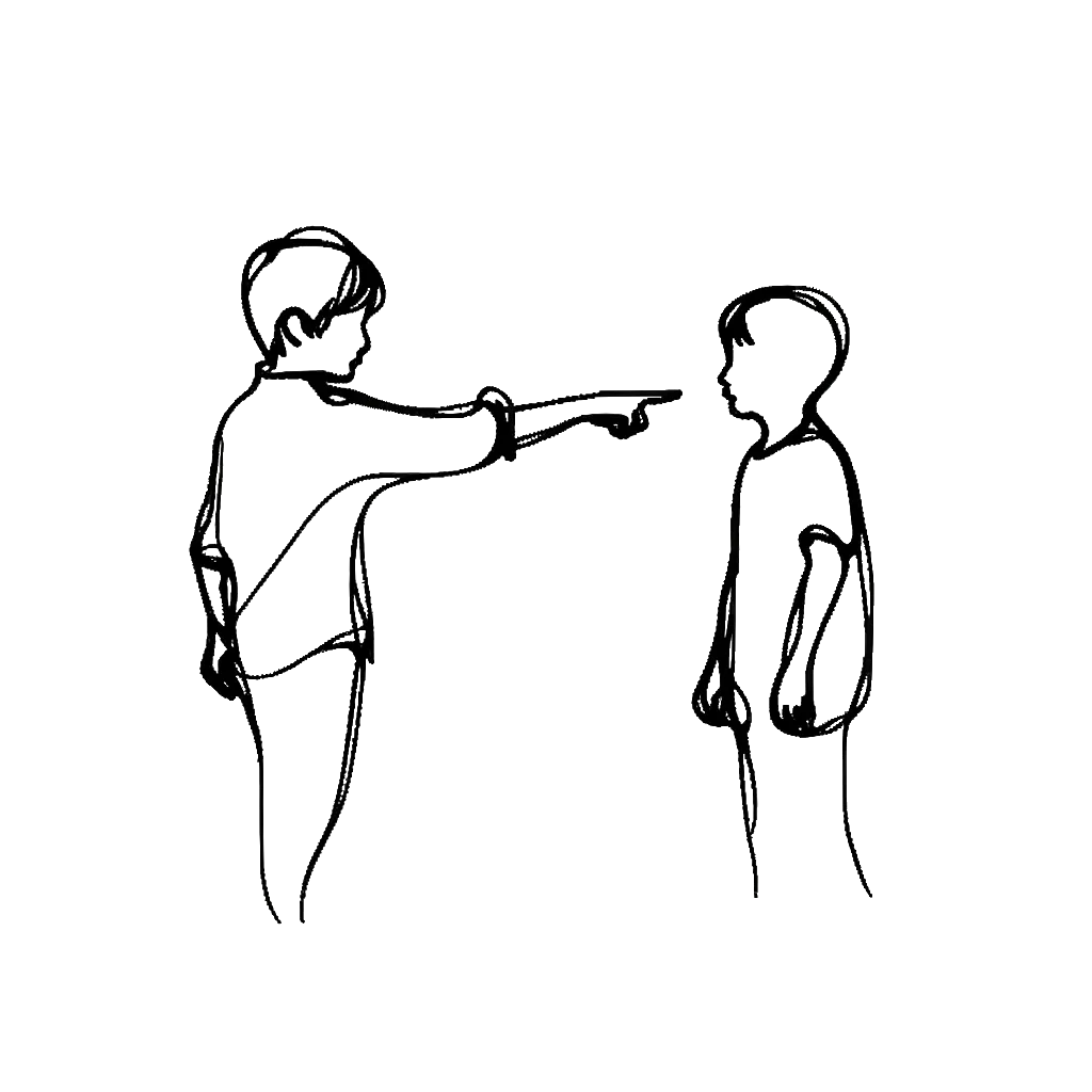 a boy pointing at another boy depicting the theme of name calling in black and white.