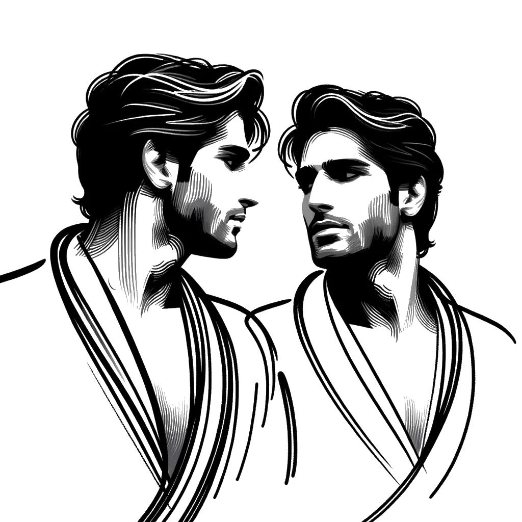 a handsome man looking in a mirror depicting the theme of narcissism in black and white.