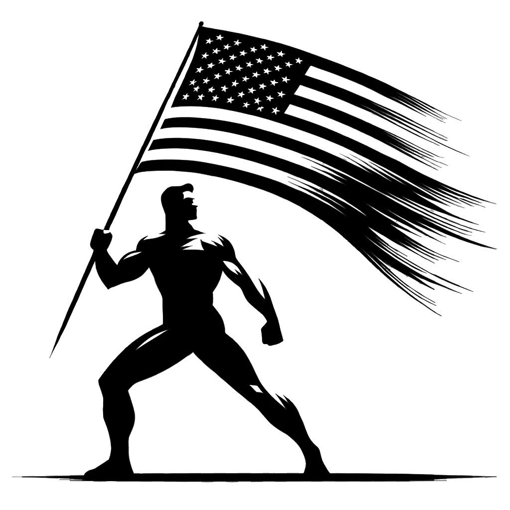 a man holding an large american flag depicting the theme of nationalism in black and white.