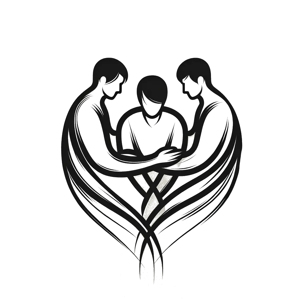 a man being held up by two other men on each side depicting the theme of needs in black and white.