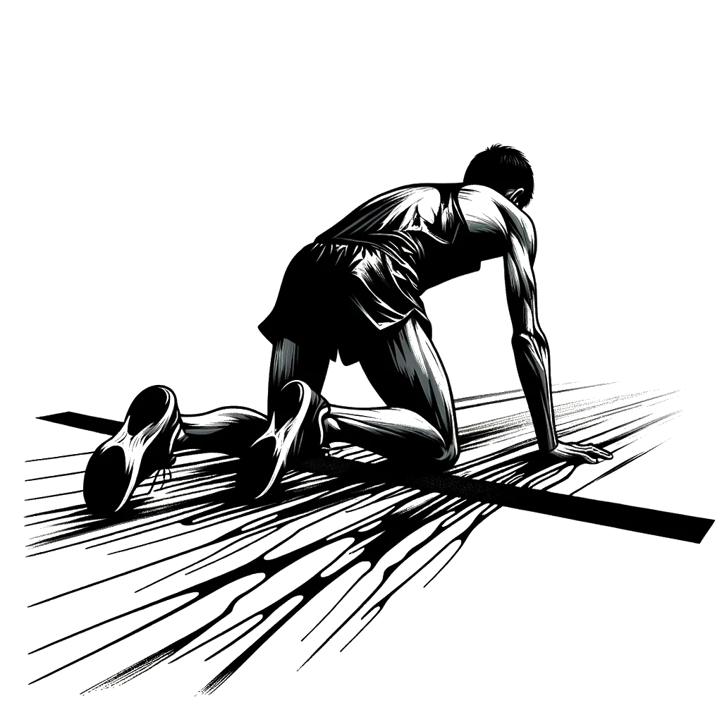 an exhausted marathon running crawling over the finish line on his hands and knees depicting the theme of never giving up in black and white.