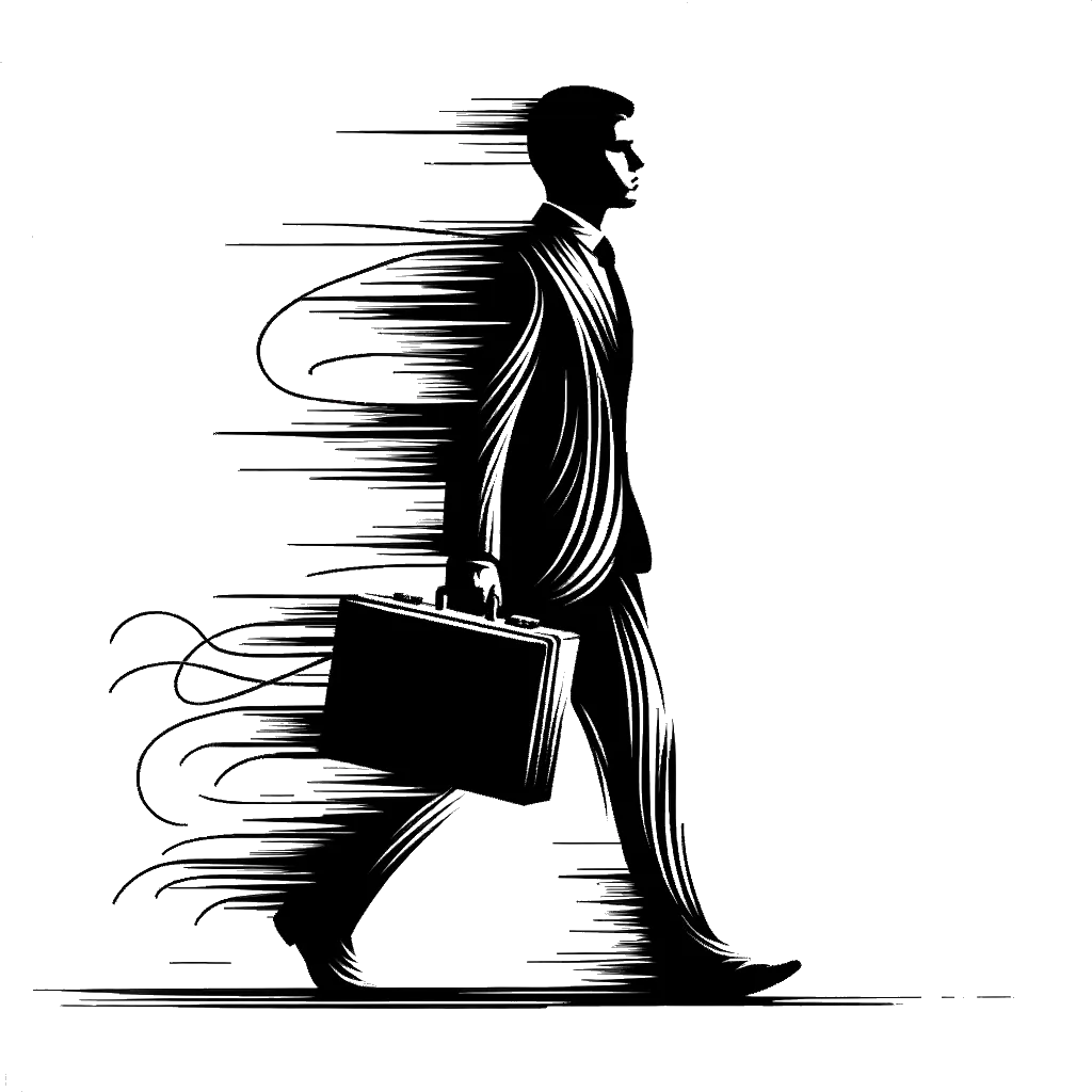 a young man with a briefcase walking depicting the theme of new job in black and white.