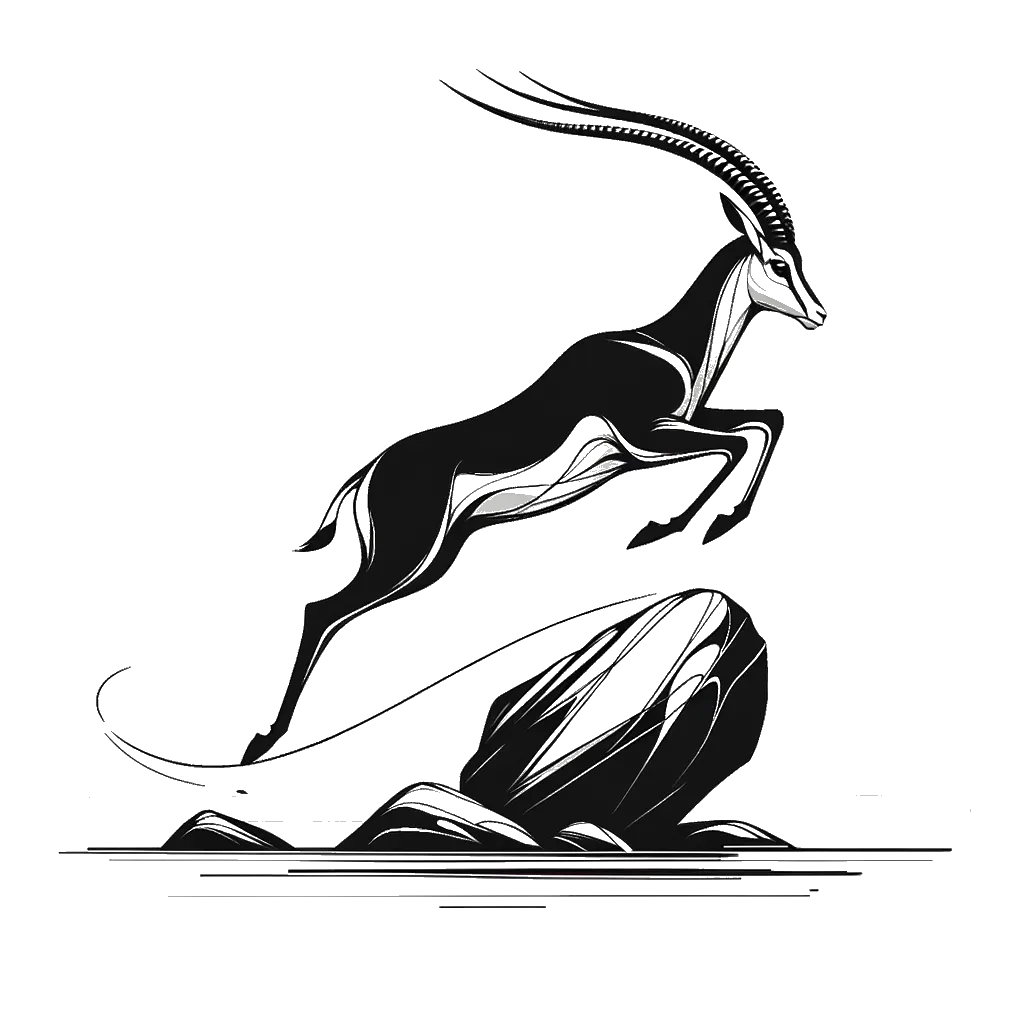 a realistic gazelle jumping over a rock depicting the theme of obstacles in black and white.