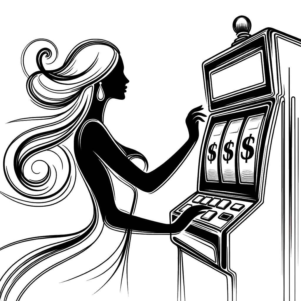 a realistic white woman winning on a slot machine depicting the theme of obtaining wealth in black and white.